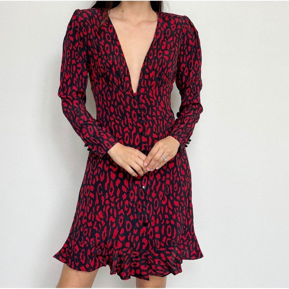 The Kooples Leopard Print Mini Dress Womens Red Black Excellent V-Neck Medium